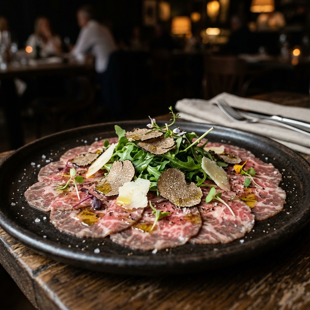Carpaccio de Res con Trufa Negra finamente emplatado