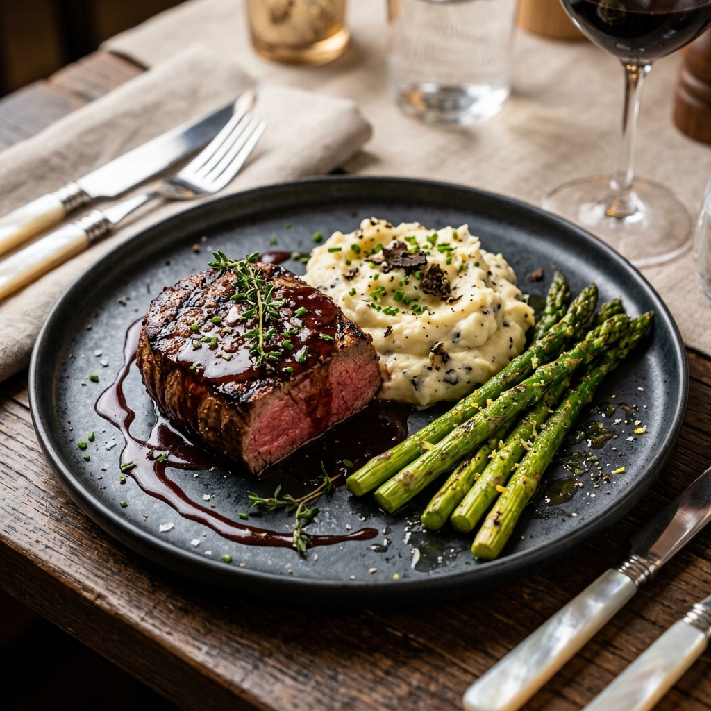 Filete de res premium con puré de papa trufado y espárragos asados